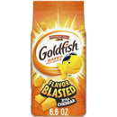 Goldfish xtra cheddar snack crackers packaging with a cartoon goldfish on an orange background