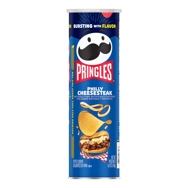 Pringles Philly Cheesesteak flavor packaging on a white background