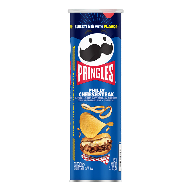 Pringles Philly Cheesesteak flavor packaging on a white background
