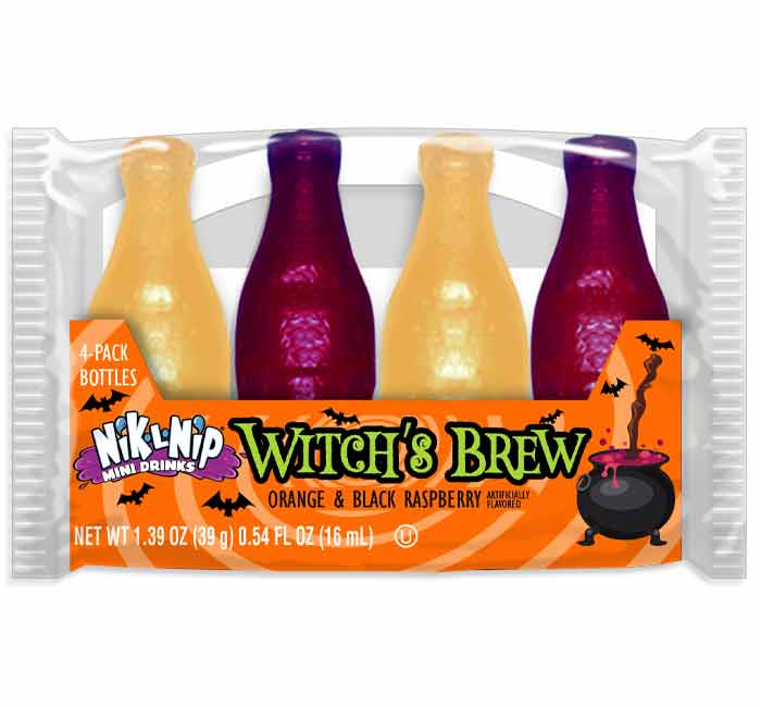 Pack of Nik-L-Nip Witch's Brew mini drinks with orange and black raspberry 39g